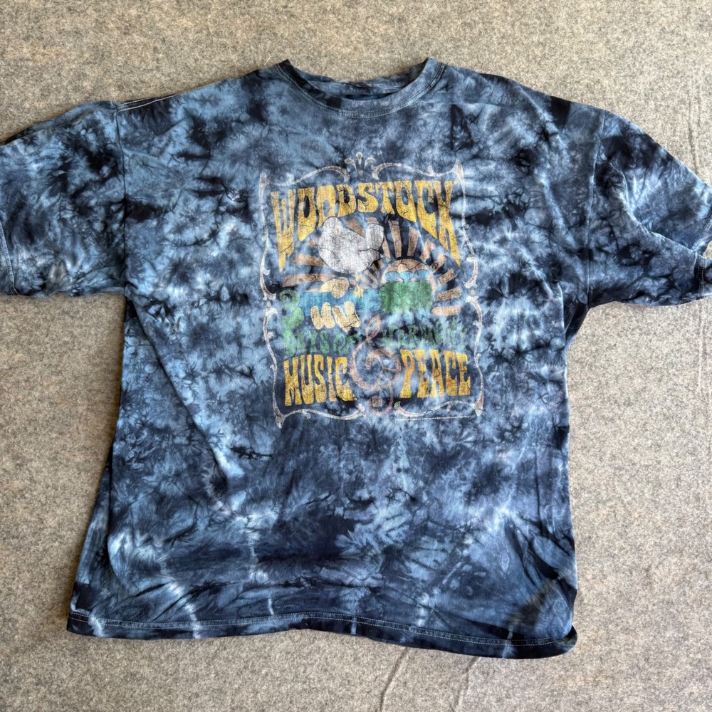 Woodstock Graphic Tie Dye T-Shirt Mens XL Blue Black Peace Music Festival Tee